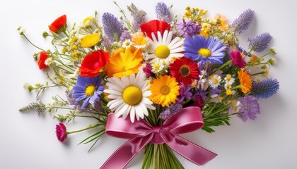 Bright And Colorful Bouquet Of Wildflowers With Ribbon Bow