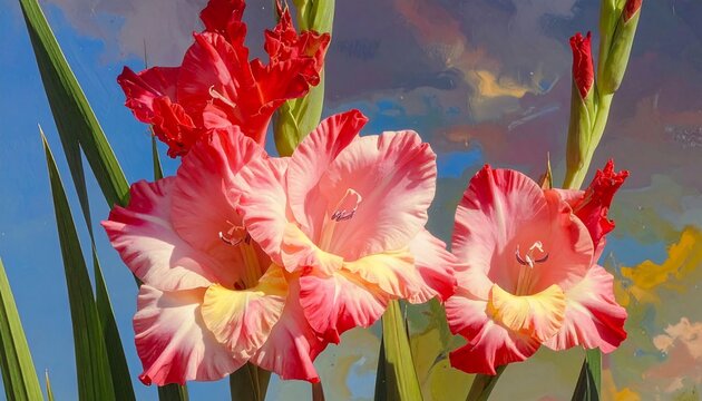 Vibrant gladiolus blossoms against a painted sky