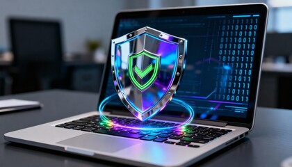 3D chrome shield floating above laptop keyboard, symbol of cyber security, glowing holographic light