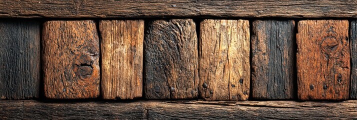 Fototapeta premium Wooden blocks arranged in a rustic pattern showcasing textures and natural of aged timber