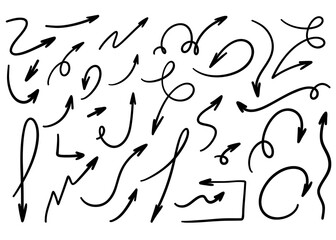 Hand drawn vector arrow set. Collection of sketch arrows in different styles. All arrows isolated on white, grouped and easy to use for web, design, infographics, and decoration.