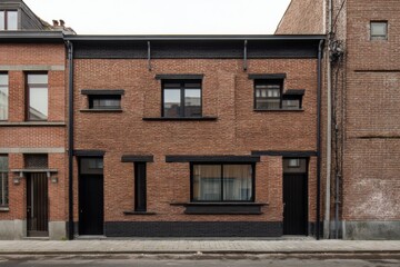 A contemporary brick house featuring striking black accents stands out amidst the urban landscape, showcasing its distinctive architectural design during the day