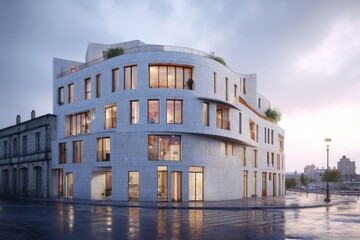 Obraz premium Modern architectural design of a unique building in the city during early morning light with wet streets reflecting a cloudy sky