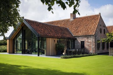 Modern house design combines sleek glass and traditional brick in a peaceful green landscape showcasing a balance between contemporary and classic architecture