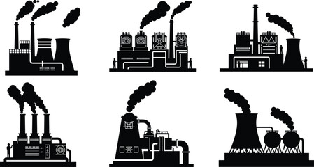 Fototapeta premium Industrial factory silhouettes vector set, power plant icons, smoke chimneys, cooling towers, machinery details, workers activity, energy production, black and white design, environment concept
