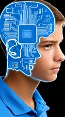 Human brain silhouette made of glowing circuits, AI brain concept with human profile and digital circuit visualization