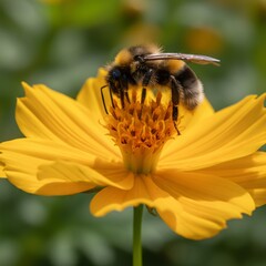 A fuzzy bumblebee diligently gathers nectar from the vibrant orange center of a bright yellow cosmos flower.