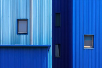 Bright blue architectural design featuring corrugated metal panels and multiple windows, showcasing modern construction in an urban setting during daytime