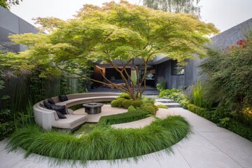 Relaxing garden space with a beautiful maple tree, comfortable seating, and lush greenery at an urban retreat showcasing nature's tranquility