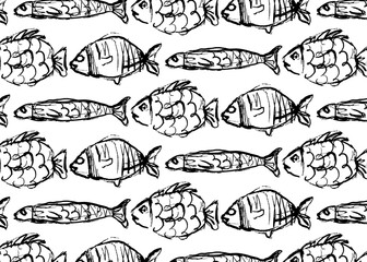 Seamless pattern of ornamental fish. Hand drawn doodle aquatic background with decorative marine creatures. Vector illustration for fabric, wallpaper, wrapping, and kids design.