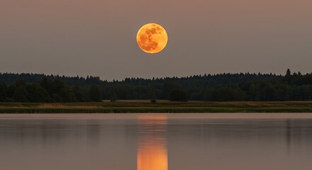 Vibrant orange moon rising above calm lake and forest silhouette