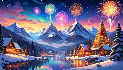 A festive winter scene depicting fireworks over snow-covered mountains and a village with glowing cabins