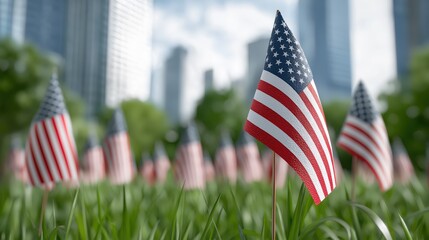 American cemetery with flags on gravestones symbolizing Memorial Day and national pride.