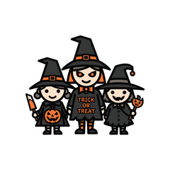 Three cute cartoon witches holding halloween treats isolated on white background