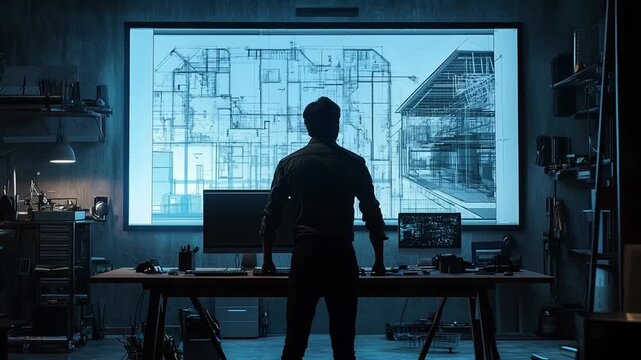 Architect Contemplating Blueprints in a Modern Office Setting.