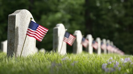 Memorial Day military cemetery gravestones with American flags honoring fallen soldiers.