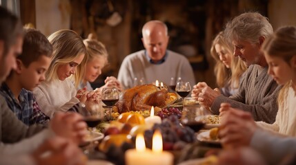 Thanksgiving family dinner with roasted turkey, prayer, and festive atmosphere of gratitude and togetherness.