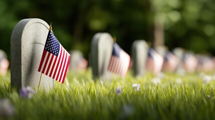 Memorial Day military cemetery gravestones with American flags honoring fallen soldiers.