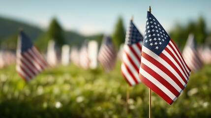 American cemetery with flags on gravestones symbolizing Memorial Day and national pride.