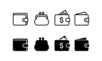 Minimalist icons of wallets and purses in outline and solid styles