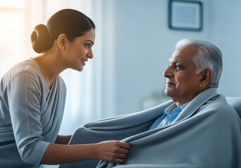 Caring Indian woman gently adjusts blanket on senior man indoors