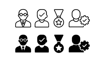 Line and solid icons of professionals, achievements, and settings
