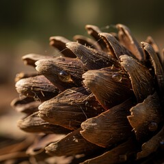 Close-up shot of a pine cone with water droplets, showcasing intricate details and textures.