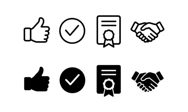 Minimalist checkmark, thumbs up, achievement badge, and handshake icons set