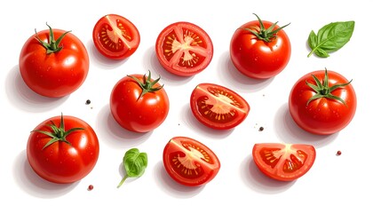 Fresh, ripe tomatoes arranged in a geometric pattern on a white background