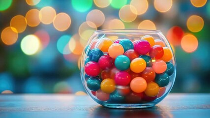 Colorful gumdrops in a glass bowl, bokeh background