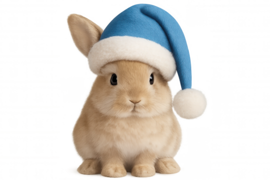 Cute bunny wearing blue santa hat for winter holidays, symbol of christmas and festive season, transparent background - Powered by Adobe