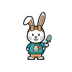 Cute cartoon bunny wearing a bow and shirt holding a decorated egg isolated on white background