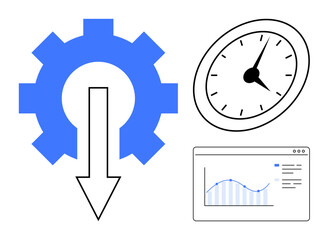 Gear pointing downward, clock, and data graph symbolize process efficiency, time management, and analytics. Ideal for productivity, progress, workflow improvement, automation strategic planning