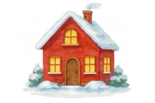 Cozy red watercolor christmas house illustration, snow covered roof and chimneys smoking, winter holiday home designing