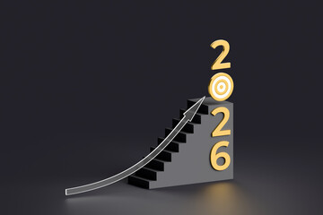 Golden Calendar number 2026 with target icon and rise glass arrow on black staircase. Concept of growth, purpose and business success in new year 2026. 3d illustration, copy space.