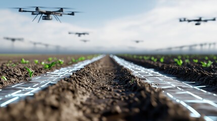Futuristic farmland with autonomous tractors, glowing irrigation lines, and drones performing high-tech agriculture.