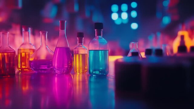 Colorful laboratory glassware filled with various liquids, illuminated by vibrant neon lights