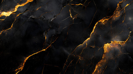 Abstract Black Marble Texture with Golden Veins and Glittering Accents Close Up