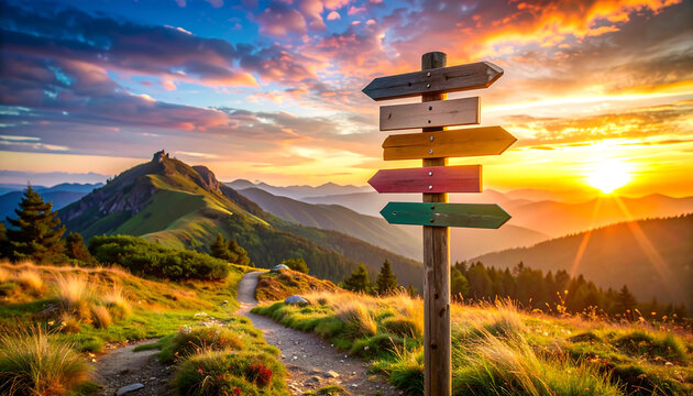 Colorful signpost with multicolored arrows pointing in various directions, set against a sunset-lit mountain valley, symbolizing choices, journeys, and life's paths.