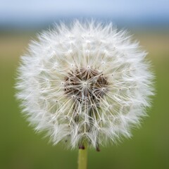 A close-up macro photograph of a dandelion seed head with its delicate white filaments ready to disperse in the wind.