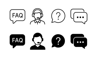 Customer support icons: faq, chat, and assistance symbols in linear style