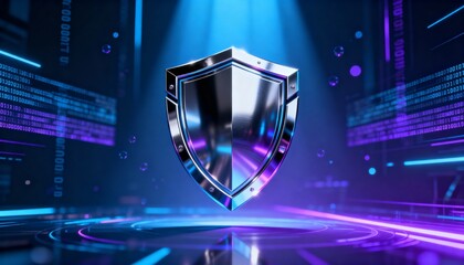 Cyber shield icon in chrome metal texture, holographic security interface, data protection technology