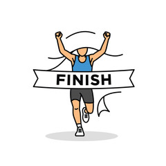 Athletic individual celebrating victory crossing the finish line ribbon with arms raised high isolated on white background