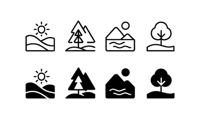 Obraz premium Minimalist nature icons: sun, mountain, tree, and waves in line and solid styles