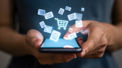 Person using smartphone for online shopping with shopping cart and product icons