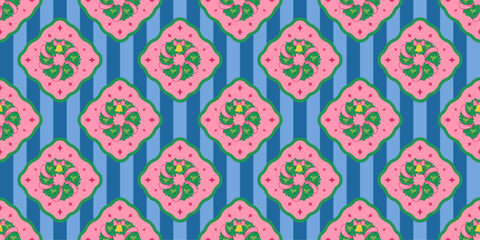 Seamless festive pattern with Christmas wreaths inside pink frames on a striped blue background. Bright retro holiday design for New Year wrapping paper, textiles, scrapbooking, and seasonal decor.