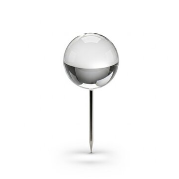 A clear glass push pin or map tack with a spherical head and metal point.