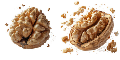 Two halves of a walnut with kernels and shell fragments, isolated on transparent background