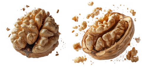 Two halves of a walnut with kernels and shell fragments, isolated on transparent background