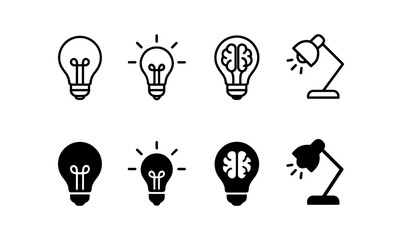 Minimalist icons of light bulbs and lamps featuring brain design elements